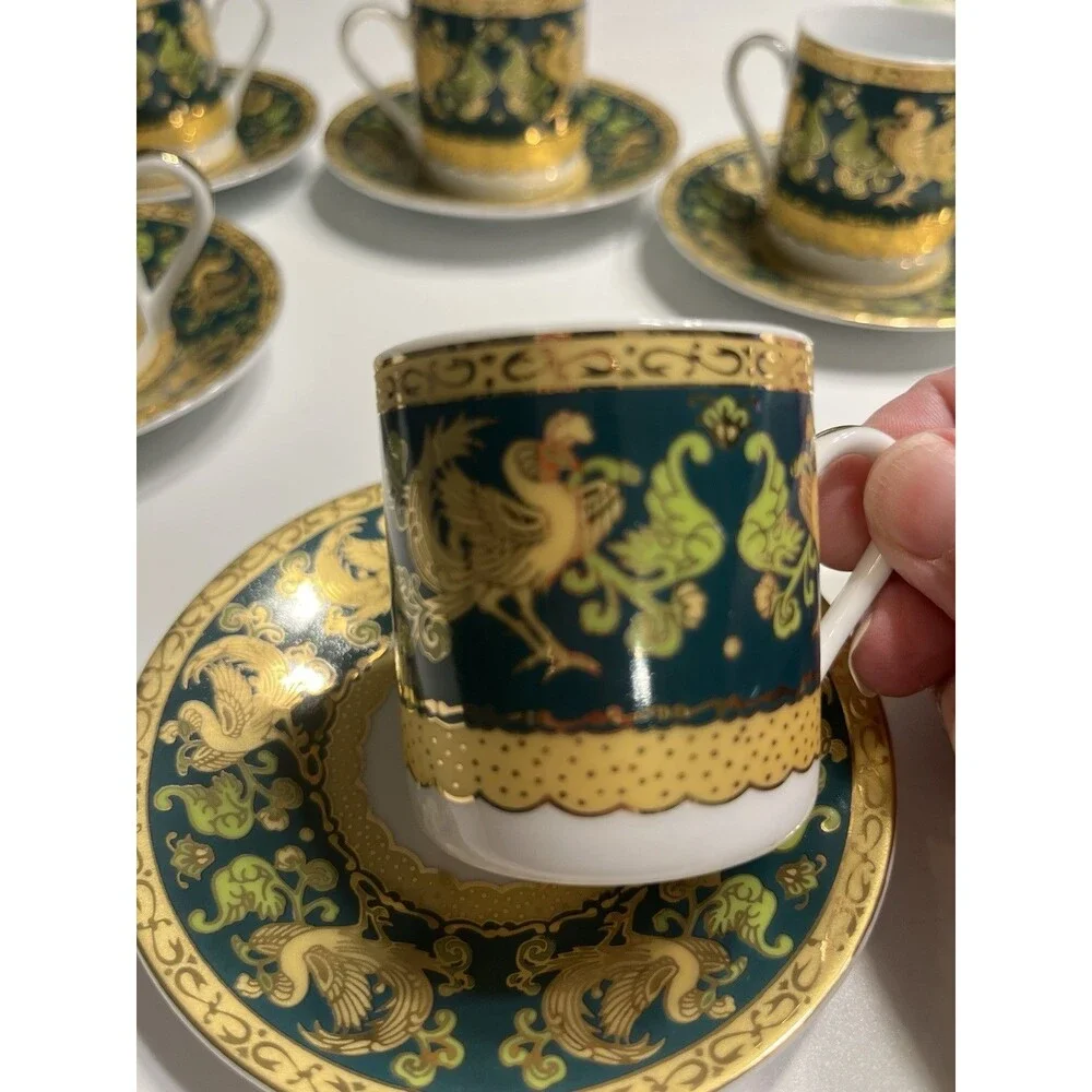 Italy Design Heavy Gold & Green Chicken Rooster Floral Demitasse Cup Saucer 10pc